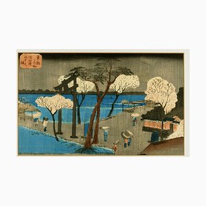 Grabado en madera de paisaje japonés, finales del siglo XIX