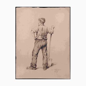 Emile-Louis Minet, Homme au Travail, Dessin Original, 1899