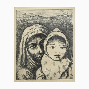 Madre e hijo, aguafuerte original, mediados del siglo XX