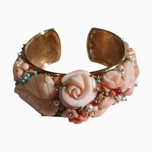 Mediterranean Carved Cuff with Coral, Pearls, Turquoises, Diamonds and Carnelians