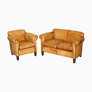 Heritage Brown Leather Camford Armchair & Two Seater Sofa from John Lewis, Set of 2