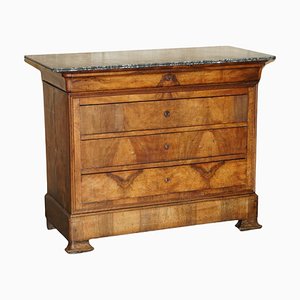 Antique Burr Walnut and Marble Topped Chest of Drawers with Original Key, 1840s