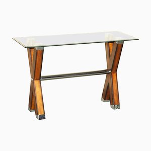 Chrome Tipped Beech & Glass X Framed Console Table