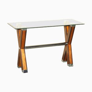 Chrome Tipped X Framed Console Table in Beech and Glass