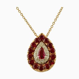 Rose Gold Necklace with Drop Pendant of Diamonds and Rubies