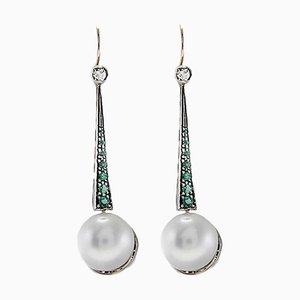 Large Pearl Emerald Diamond Silver Gold Drop Earrings, Set of 2