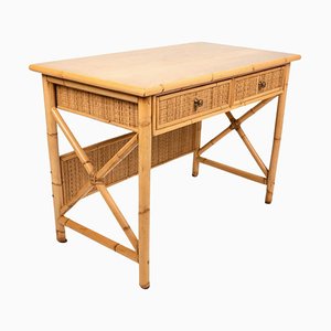 Mid-Century Bamboo, Rattan and Wood Writing Desk with Drawers, Italy, 1980s