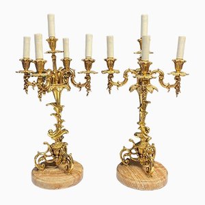 Louis XV Style Bronze Candelabras with Marble Base, Set of 2