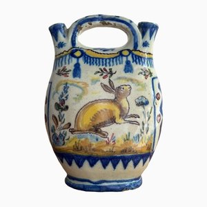 French Faience Two Spout Vase with Hare and Deer