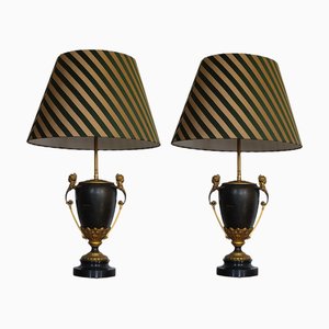 Empire Gilt Bronze and Lacquered Metal Table Lamps with Silk Shades, Set of 2
