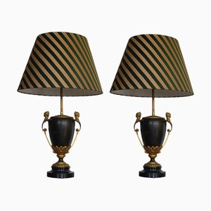 Lampade da tavolo Impero in bronzo dorato e metallo laccato con paralumi in seta, set di 2