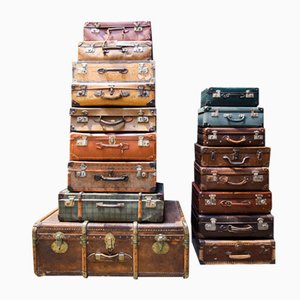 Vintage Suitcases in Leather, Set of 17