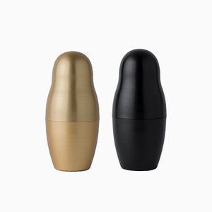 Black & Gold Matrioska Shakers by Lara Caffi for KnIndustrie, Set of 2