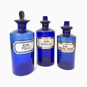 Botellas de farmacia victorianas vintage azules. Juego de 3