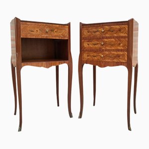 Early 20th Century French Marquetry and Iron Hardware Bedside Tables or Nightstands, Set of 2