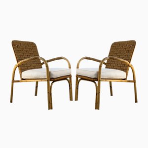 Set of Bamboo and Wicker Armchairs by Adrien Audoux & Frida Minet, France, 1950s