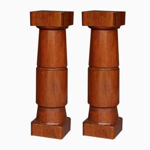 Vintage Carved Yew Wood Pedestal Columns, Set of 2