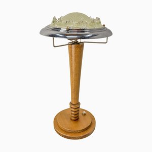 Lámpara de mesa francesa Art Déco de haya, cromo y vidrio, años 30