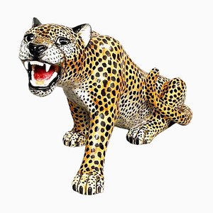 Mid-Century Modern Italian Feline Animal Cheetah Ceramic Statue, 1960s