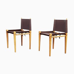 Mid-Century Modern Italian Wooden and Brown Leather Chairs by Zanotta, 1980s, Set of 2