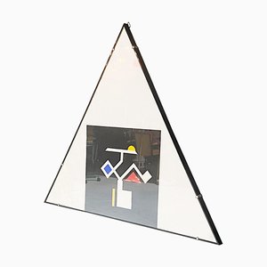 Cuadro italiano moderno triangular con collage, años 80, vidrio, papel y madera, enmarcado