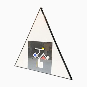 Peinture Triangulaire Moderne avec Collage, Italie, 1980s, Verre, Papier & Bois, Encadré