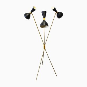 Lámpara de pie italiana minimalista Mid-Century de latón negro, años 50