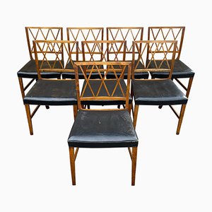 Dining Chairs in Mahogany, Rosewood & Black Leather by Ole Wanscher for A.J. Iversen, Denmark, Set of 8