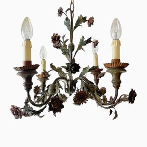Antique Floral Chandelier in Iron & Green Sheet