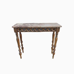 Wooden Console with Religious Carvings & Marble Top