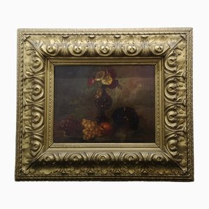 Still Life Painting with a Small Dog, Late 19th Century, Oil on Canvas, Framed
