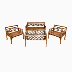 Mid-Century Modern Italian Bamboo Living Room Set with Vienna Straw Seat, 1970s, Set of 4