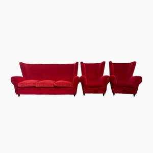 Red Velvet Armchairs and Sofa, 1950s, Set of 3