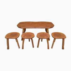 Vintage Elm Coffee Table and Stools, 1960s, Set of 5