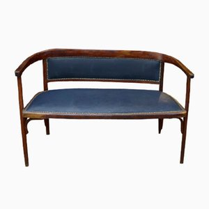 Curved Beech and Leather Bistro Bench from Fischel, 1900s