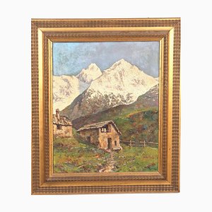 Vincenzo Ghione, paisaje de montaña, óleo sobre tablero, enmarcado