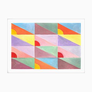 Composición de suelo de baldosa diagonal en colores pastel con triángulos rosas, amarillos y rojos de Natalia Roman, 2022, acrílico sobre papel de acuarela