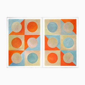 Natalia Roman, Yin Yang Golden Pattern Tile Composition con formas naranjas y turquesas, 2022, acrílico sobre papel de acuarela