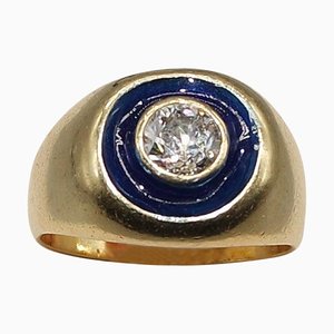 0,3 Natürlicher Diamant und Blau Emaillierter Chevalière Ring