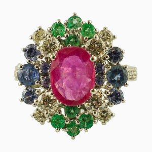White Gold Cluster Ring with Ruby, Diamonds, Emeralds and Blue Sapphires
