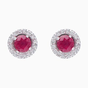 18 Karat White Gold Stud Earrings with Rubies and Diamonds, Set of 2