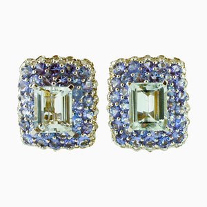 14 Karat White Gold Clip-on Earrings with Diamonds, Tanzanite and Aquamarine, Set of 2
