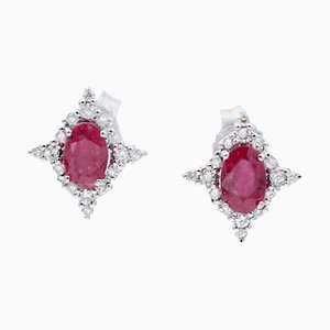 18 Karat White Gold Star Stud Earrings with Rubies and White Diamonds, Set of 2
