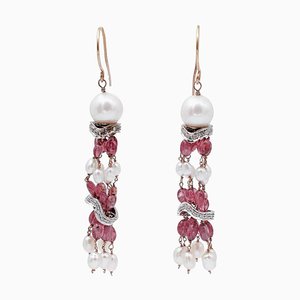 14 Karat Rose and White Gold Dangle Earrings with Diamonds, Stones and Pearls, Set of 2