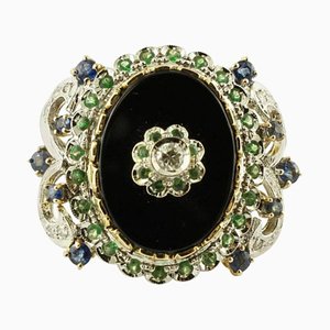 14 Karat White and Rose Gold Vintage Ring with Diamonds, Sapphires, Tsavorite and Onyx