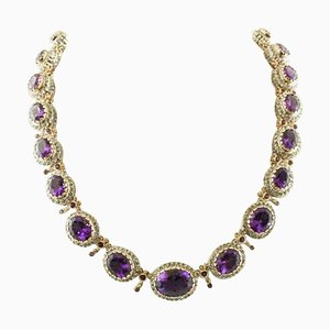 Vintage 9 Karat Rose Gold and Silver Necklace with Amethysts