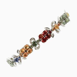 14 Karat White Gold Link Bracelet with Diamonds and Colored Sapphires