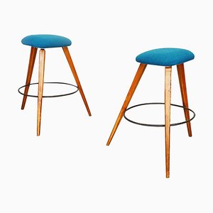 Sgabelli Mid-Century moderni in legno, ferro nero e tessuto blu, Italia, anni '60, set di 2