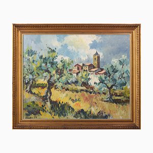 Post Impressionist Landscape with Olive Trees and Village Church, 1974, Oil on Canvas, Framed