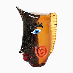 Vaso in vetro di Murano sommerso nero e arancione di Mario Badioli, anni '80